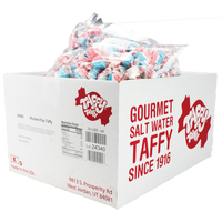 Taffy Town Rocket Pop Taffy 20 lb Bulk Case – Gourmet salt water taffy candy with Rocket Pop flavor, featuring red, white, and blue wrapped pieces in a Taffy Town branded bulk candy packaging box.