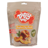 Front packaging of Taffy Town Brigham City Peach Taffy, highlighting natural flavors, nut-free and gluten-free features, and ‘Utah’s Own’ seal