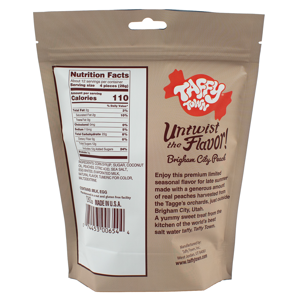 Back of Brigham City Peach Taffy bag featuring ingredients, nutrition facts, and a description of the seasonal flavor made with real Brigham City peaches