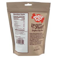 Back of Brigham City Peach Taffy bag featuring ingredients, nutrition facts, and a description of the seasonal flavor made with real Brigham City peaches