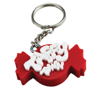 Red Taffy Town logo keychain in the shape of a wrapped salt water taffy candy, a fun accessory for fans of Taffy Town.