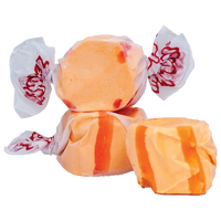 Orange taffy – Taffy Town orange salt water taffy with vibrant orange and golden stripes – Classic orange taffy candy flavor wrapped in wax paper.