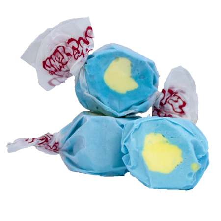 Passion fruit taffy – Taffy Town passion fruit salt water taffy with blue and yellow swirls – Tropical passion fruit taffy candy wrapped in wax paper.