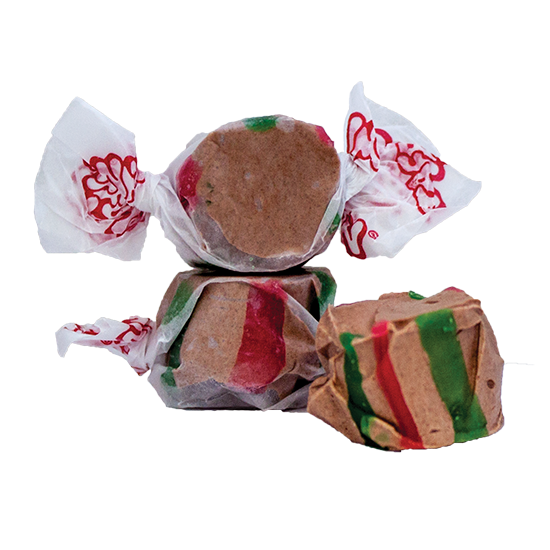 Hot Chocolate Taffy - Taffy Town Hot Chocolate taffy candy in brown color with red and green swirls - chewy salt water taffy capturing the cozy taste of hot cocoa.