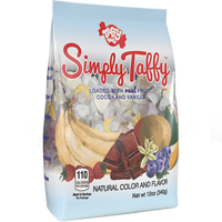 Simply Taffy Mix – 12 oz bag of natural saltwater taffy made with real fruit, cocoa, and vanilla flavors.