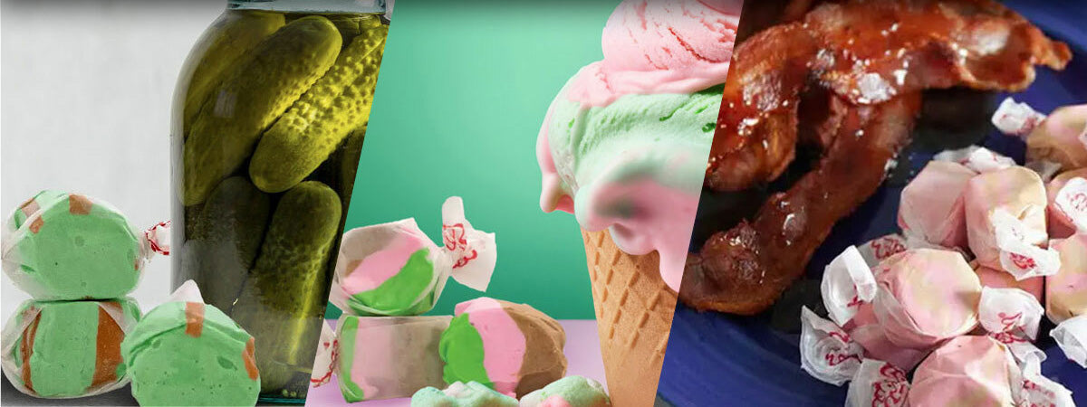 weird candy flavors like pickle, spumoni, and bacon saltwater taffy