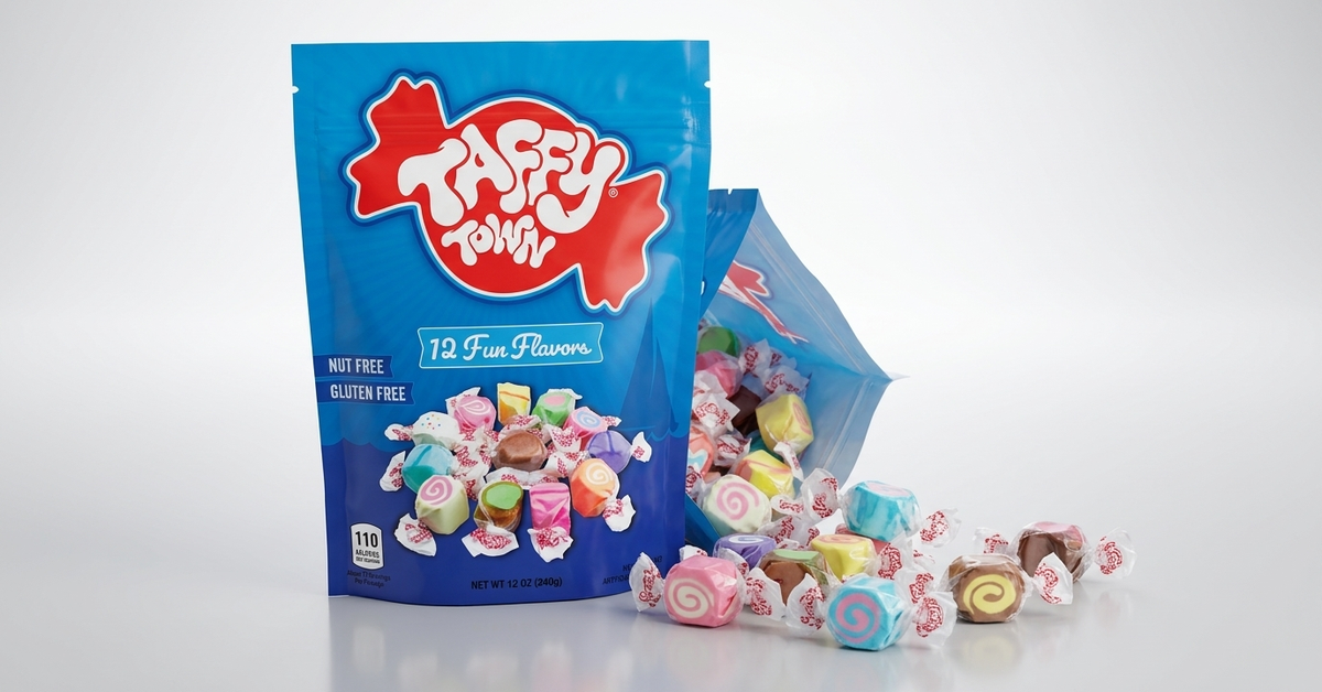 A blue bag of Taffy Town taffy with many colorful, individually wrapped candies spilling out onto a white surface.