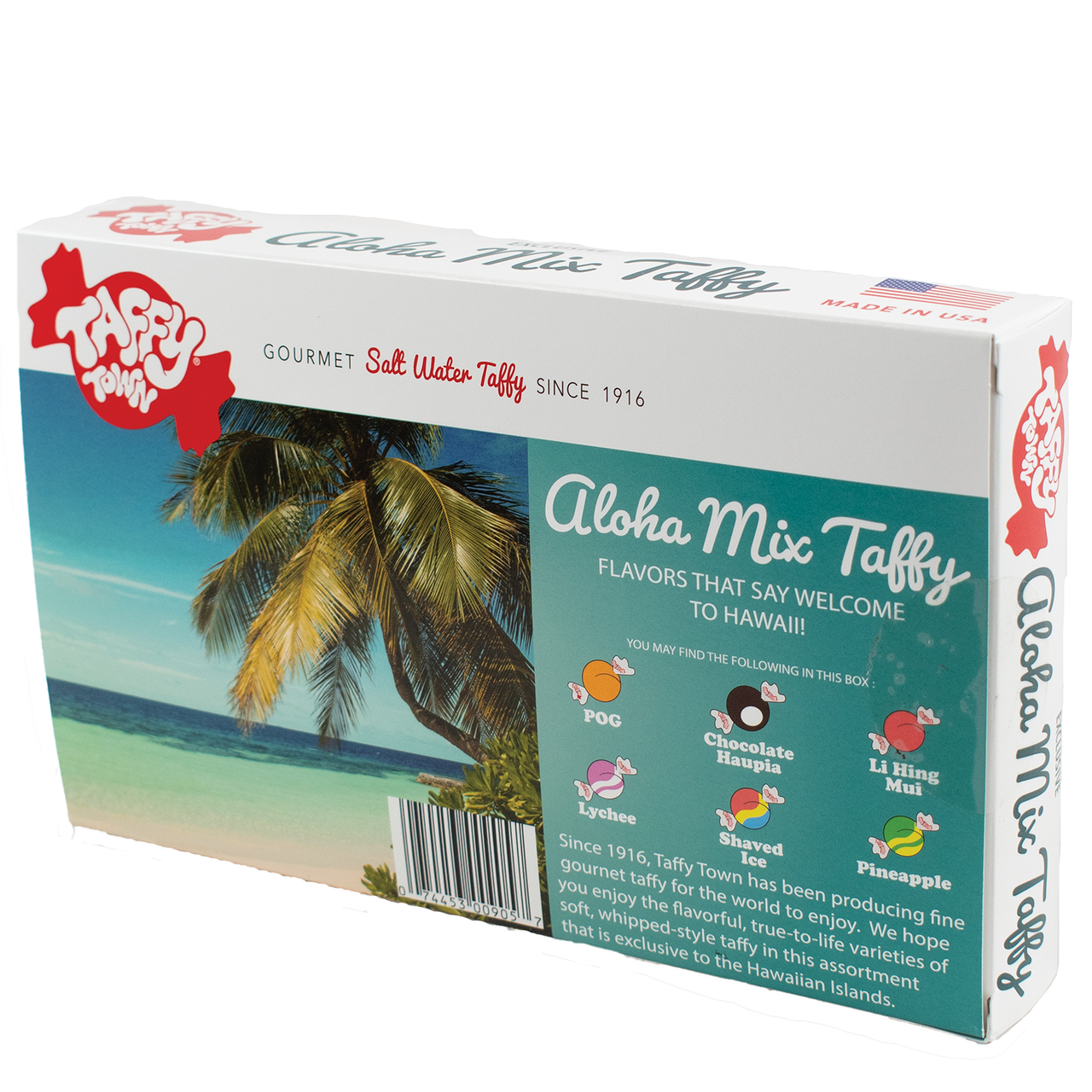 Aloha Mix Taffy packaging with palm tree and beach scene
