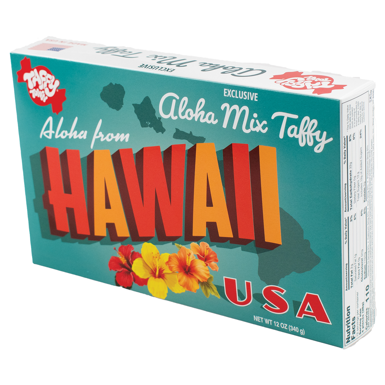 Box of Taffy Town Aloha Mix Taffy with 'Hawaii USA' text on a white background