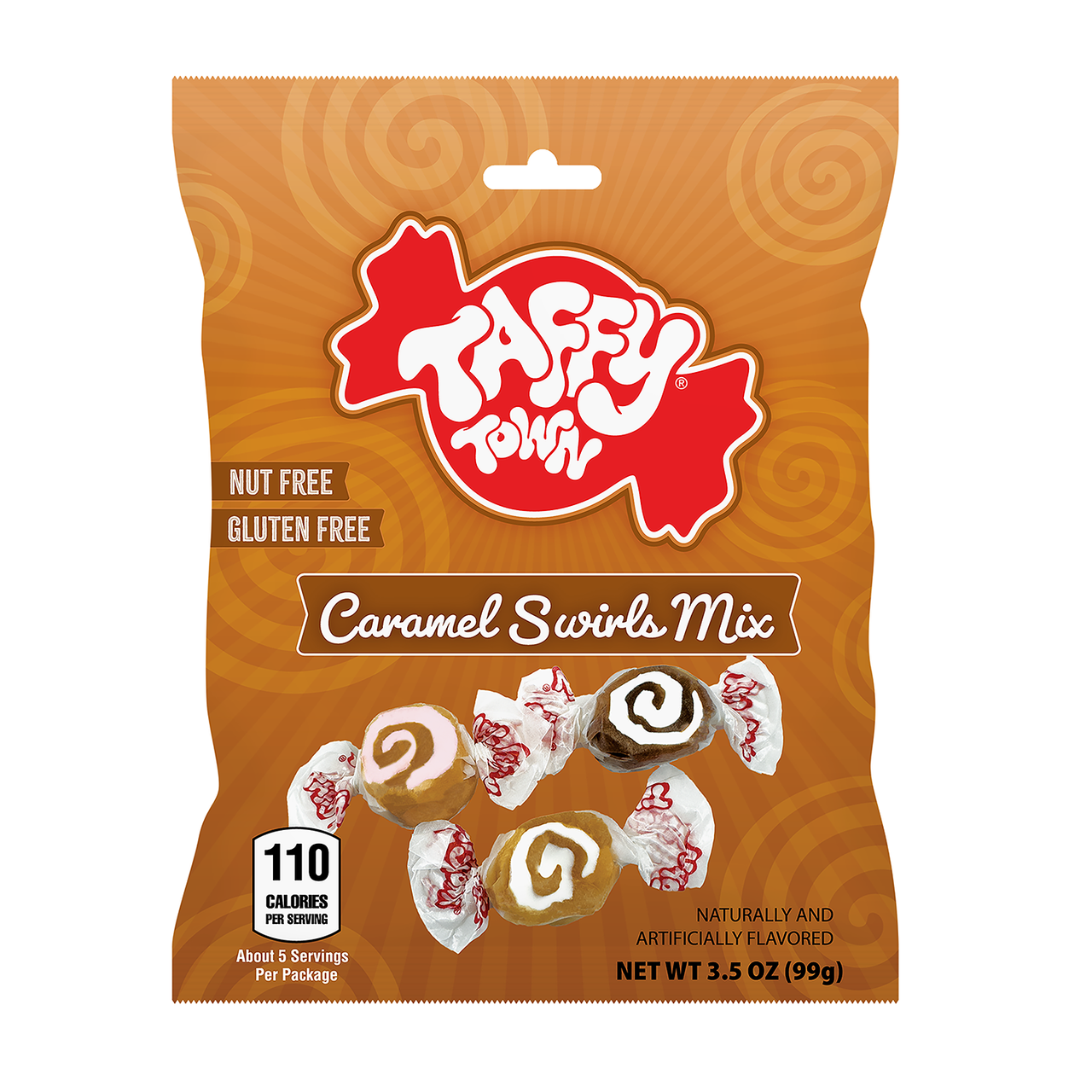 Taffy Town 3.5 oz Caramel Swirls taffy mix with individually wrapped vanilla caramel swirl, chocolate sea salt caramel, and raspberry caramel taffy candies