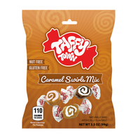 Taffy Town 3.5 oz Caramel Swirls taffy mix with individually wrapped vanilla caramel swirl, chocolate sea salt caramel, and raspberry caramel taffy candies