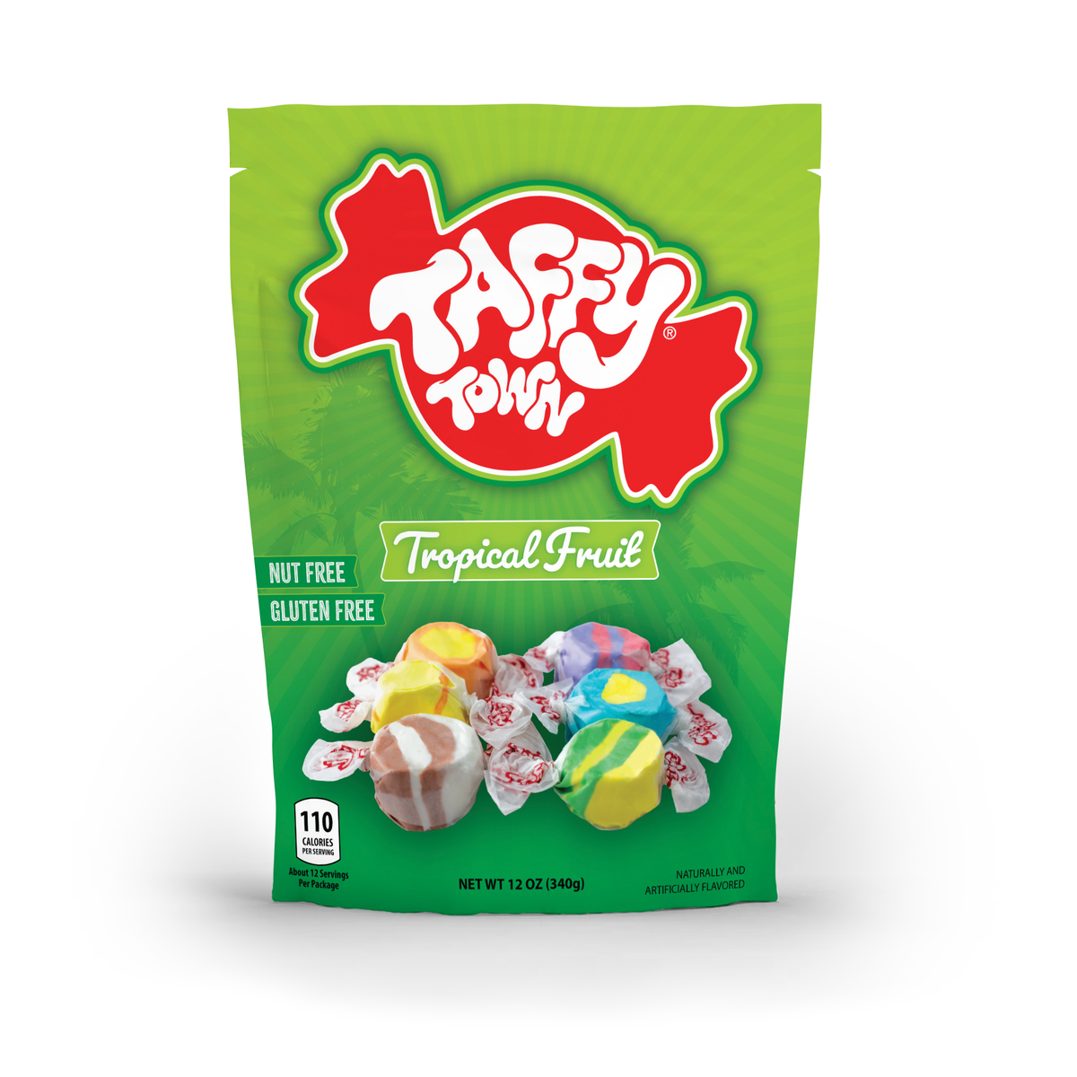 Taffy Town Tropical Fruit Taffy 12oz – Nut-free, gluten-free mix with Banana, Coconut, Mango, Passion Fruit, Pineapple &amp; Tropical Punch salt water taffy in a resealable green bag.