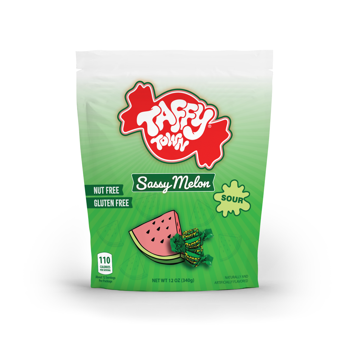 Taffy Town Sassy Melon Salt Water Taffy 12 oz Bag – Sour Watermelon-Flavored Gourmet Taffy, Nut-Free and Gluten-Free Candy, featuring vibrant green packaging with a watermelon slice and wrapped taffy pieces.
