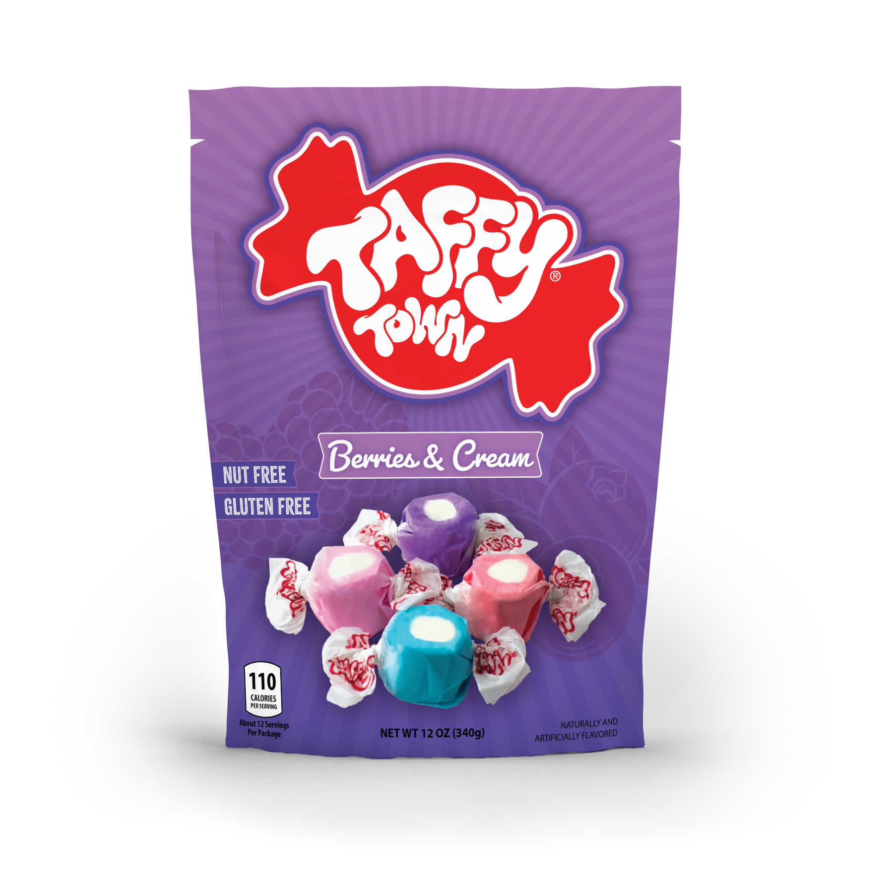 Taffy Town Berries & Cream Taffy 12oz – Nut-free, gluten-free salt water taffy in a resealable purple bag.