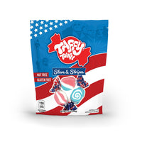Taffy Town Stars & Stripes USA 12 oz pouch bag with Blueberry Tart, Rocket Pop, and Strawberry Shortcake flavors.