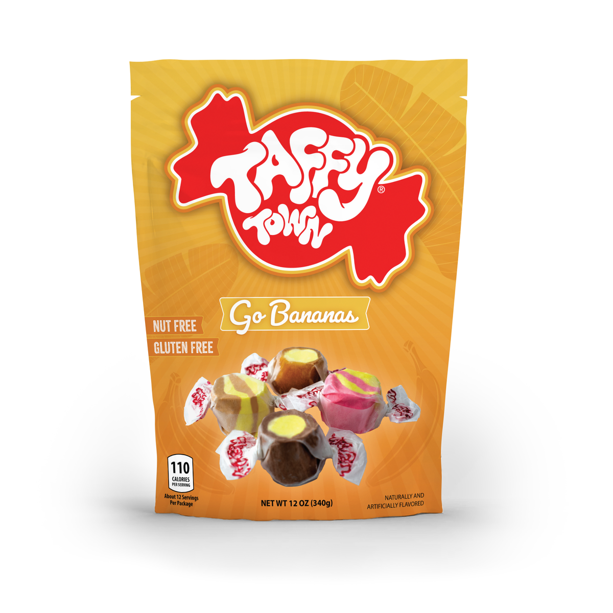 Taffy Town Go Bananas Taffy 12oz – Nut-free, gluten-free banana-flavored salt water taffy mix in a bag.