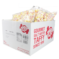 Taffy Town Butter Taffy 20 lb Bulk Case – Gourmet salt water taffy candy with a rich butter flavor, individually wrapped and packaged in a large Taffy Town branded box, perfect for bulk candy purchases and events.