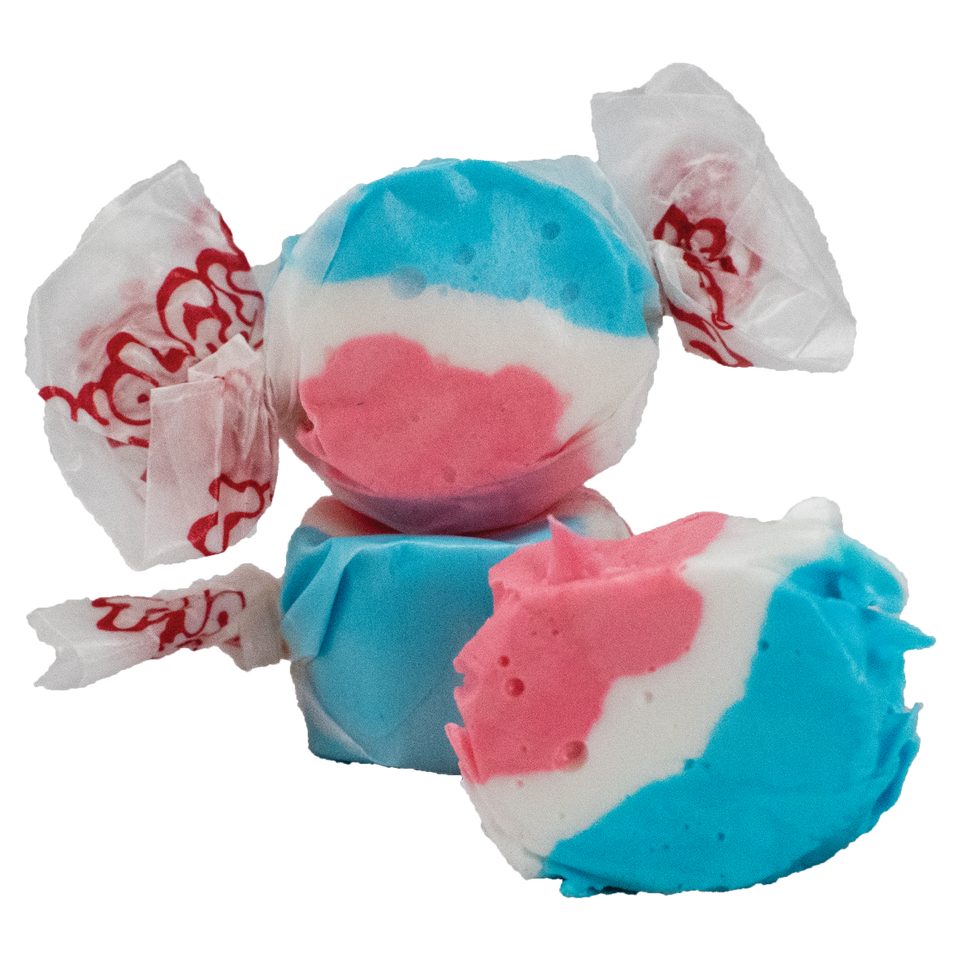 Taffy Town Rocket Pop Taffy - Gourmet Salt Water Taffy Candy with Rocket Pop flavor, featuring vibrant red, white, and blue swirls wrapped in classic Taffy Town packaging.