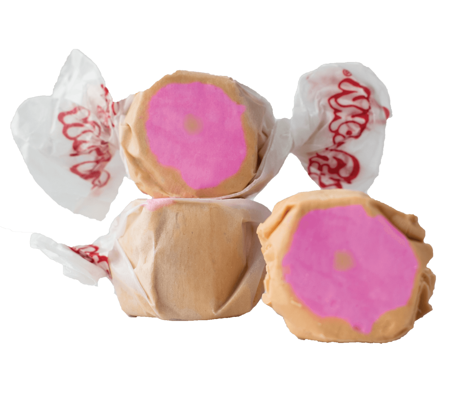 Taffy Town Glazed Doughnut Taffy - Solft glazed donut flavored salt water taffy candy with tan outer layer and pink doughnut design in center