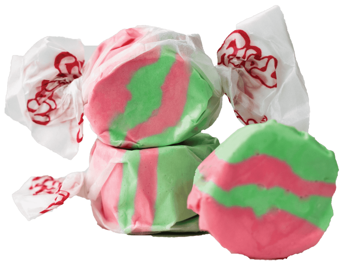 Taffy Town Kiwi Strawberry Taffy – Soft Strawberry Kiwi flavored salt water taffy with pink and green swirls.