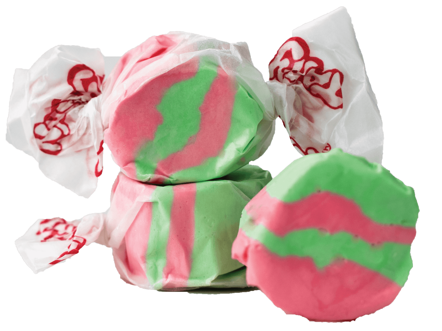 Taffy Town Kiwi Strawberry Taffy – Soft Strawberry Kiwi flavored salt water taffy with pink and green swirls.