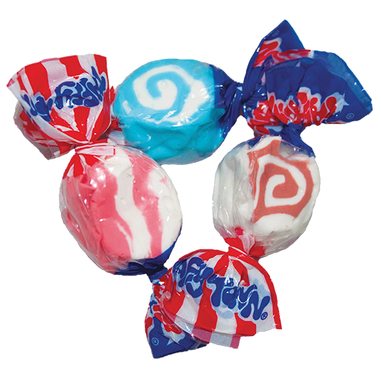 Taffy Town Stars and Stripes Taffy – Seasonal Salt Water Taffy for Independence Day, featuring red, white, and blue wrapped taffy pieces in patriotic-themed packaging for July 4th celebrations.