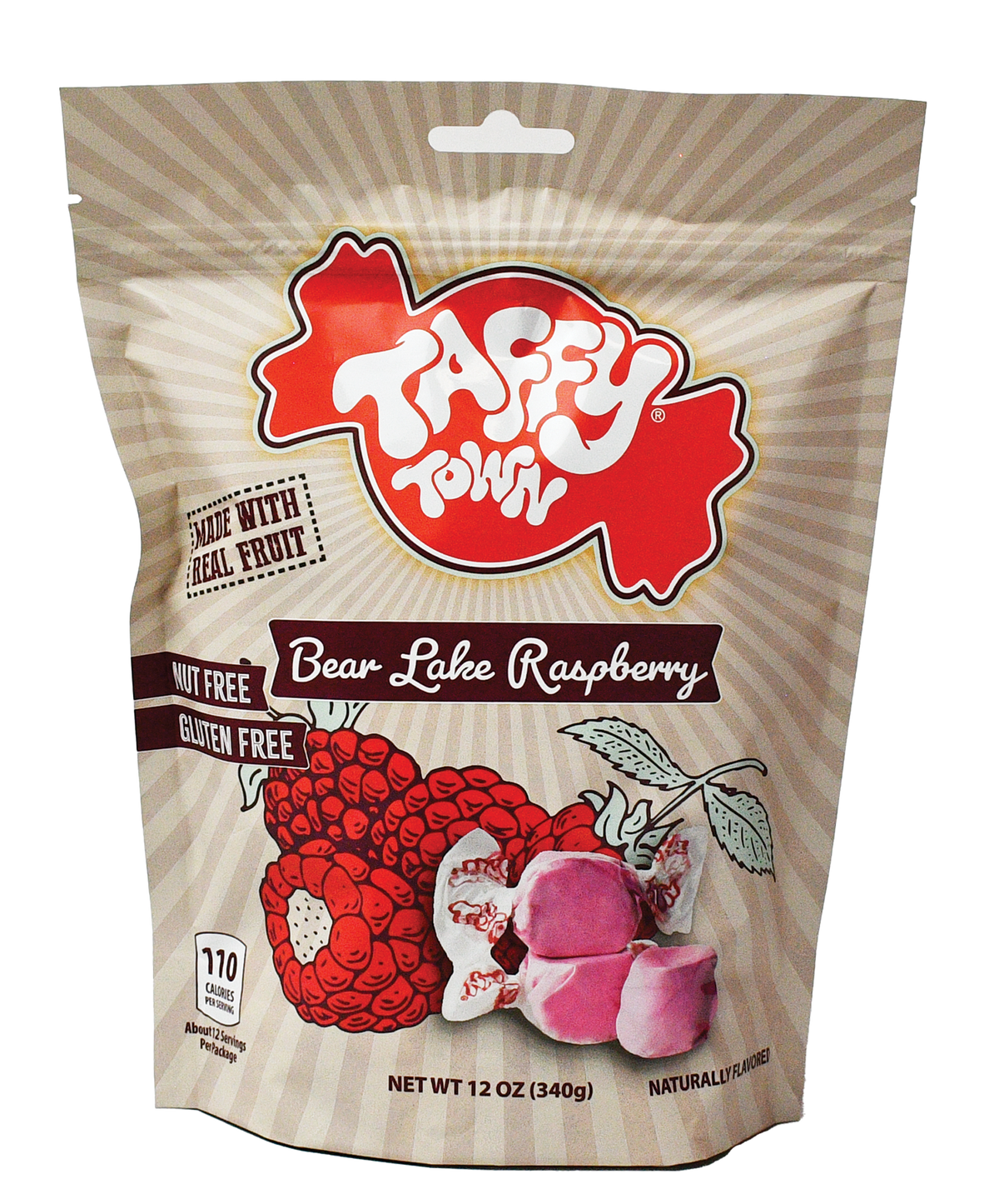 Taffy Town Bear Lake Raspberry Taffy 12oz – Nut-free, gluten-free taffy made with real raspberry flavor.