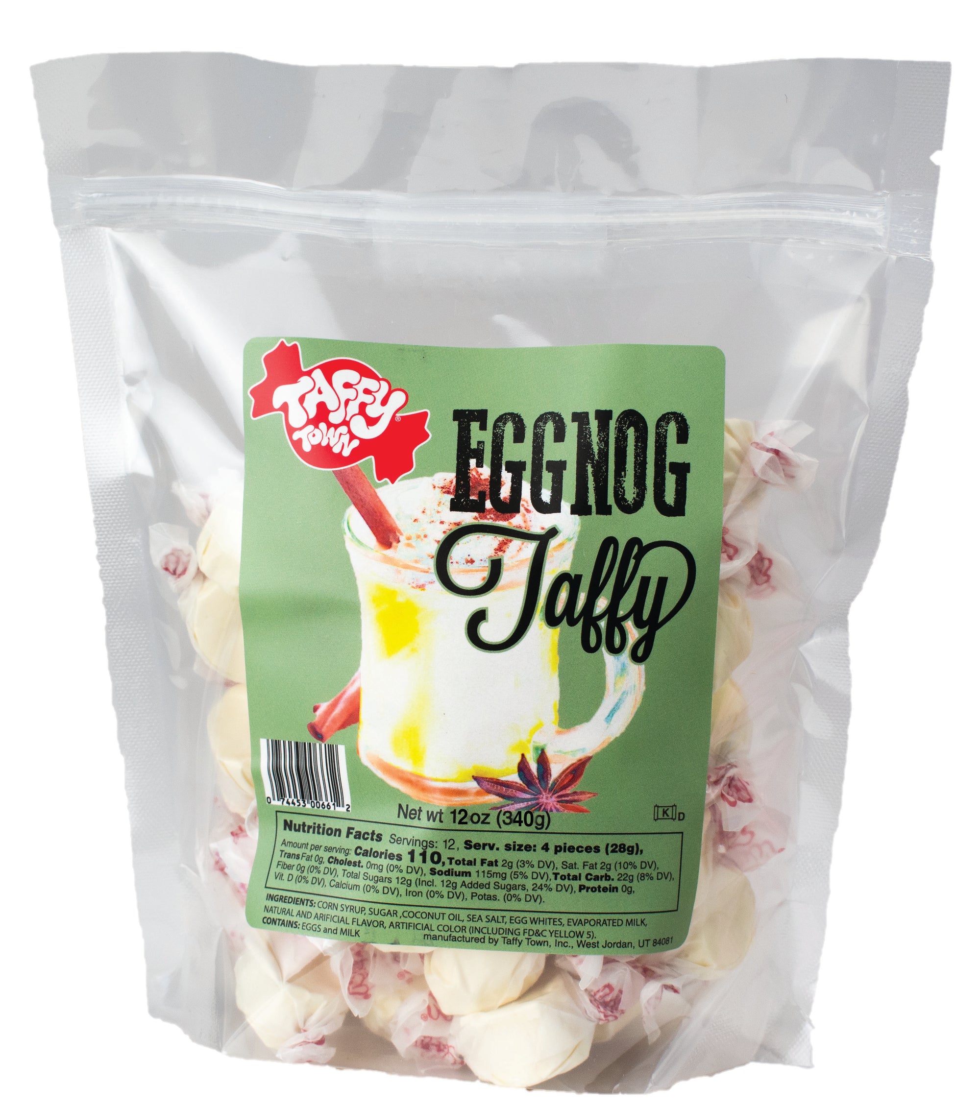 Taffy Town Eggnog Taffy 12oz – Creamy, spiced holiday salt water taffy in a resealable festive bag.