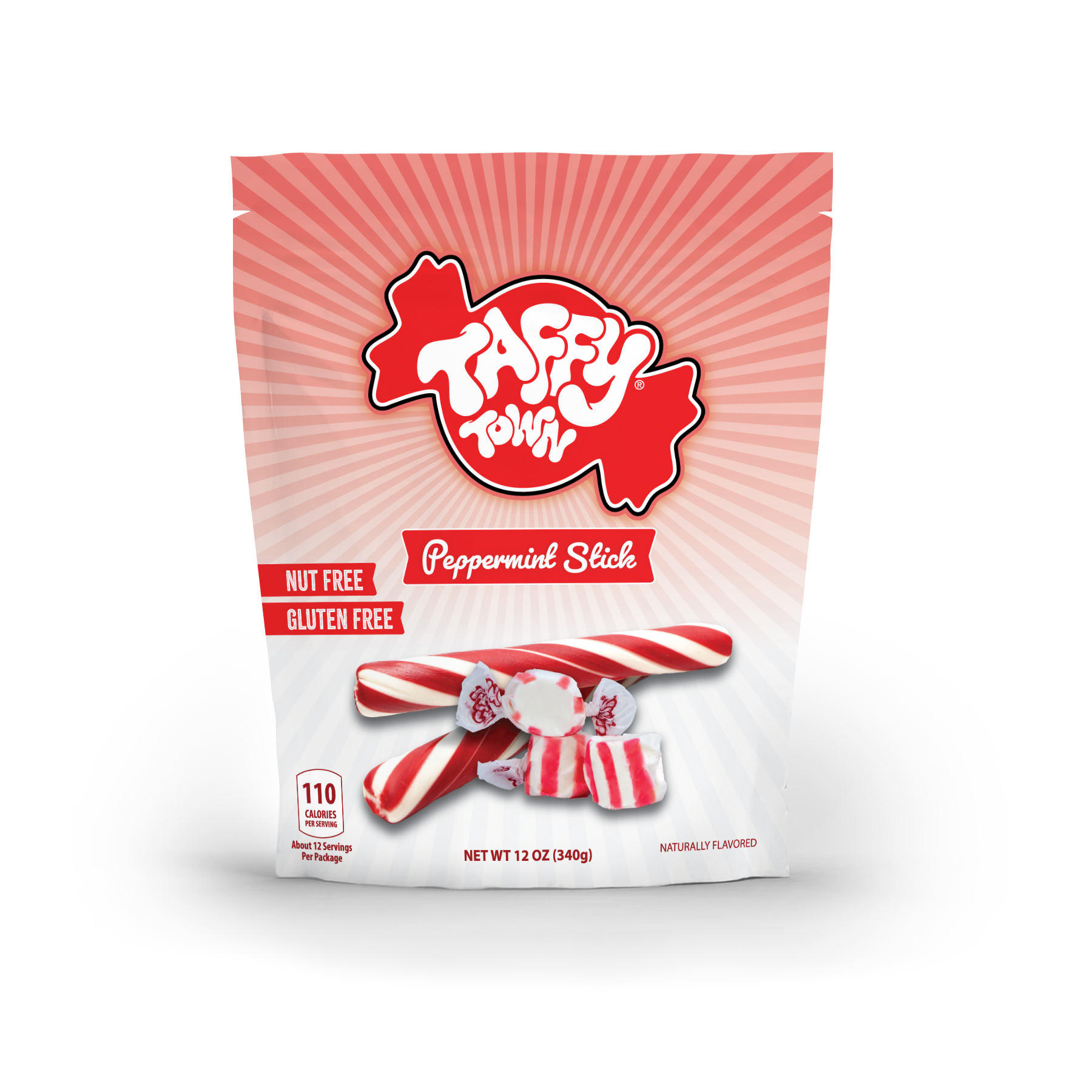 Taffy Town Peppermint Stick Taffy 12oz – Nut-free, gluten-free holiday taffy with red and white swirls.