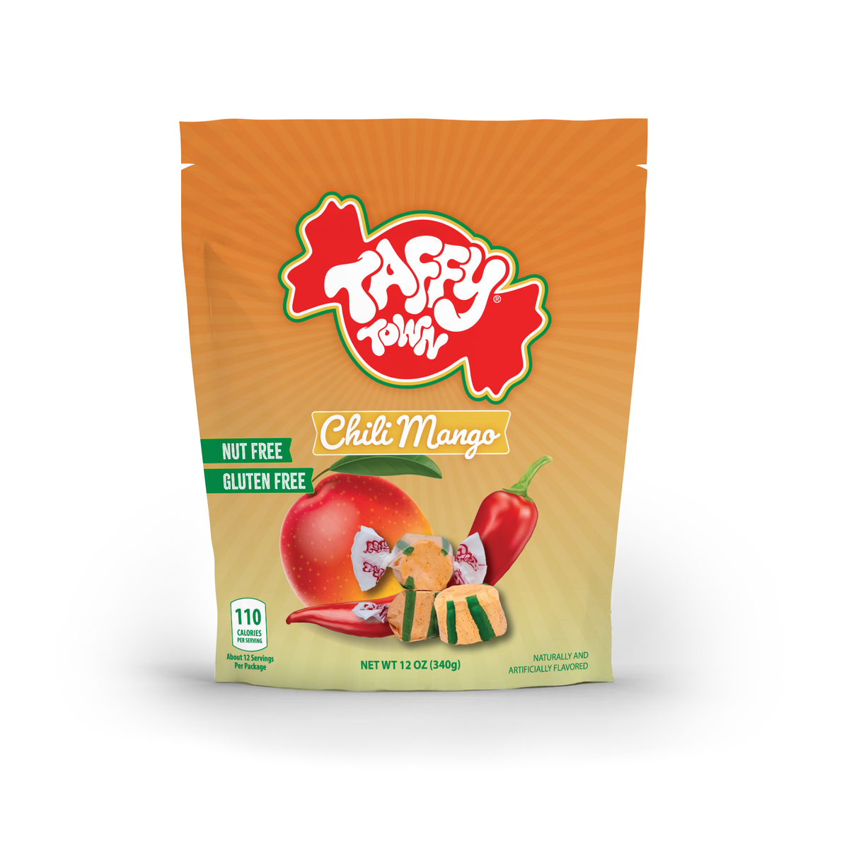 Taffy Town Chili Mango Taffy 12oz – Nut-Free, Gluten-Free, vibrant packaging with mangoes and chili peppers.