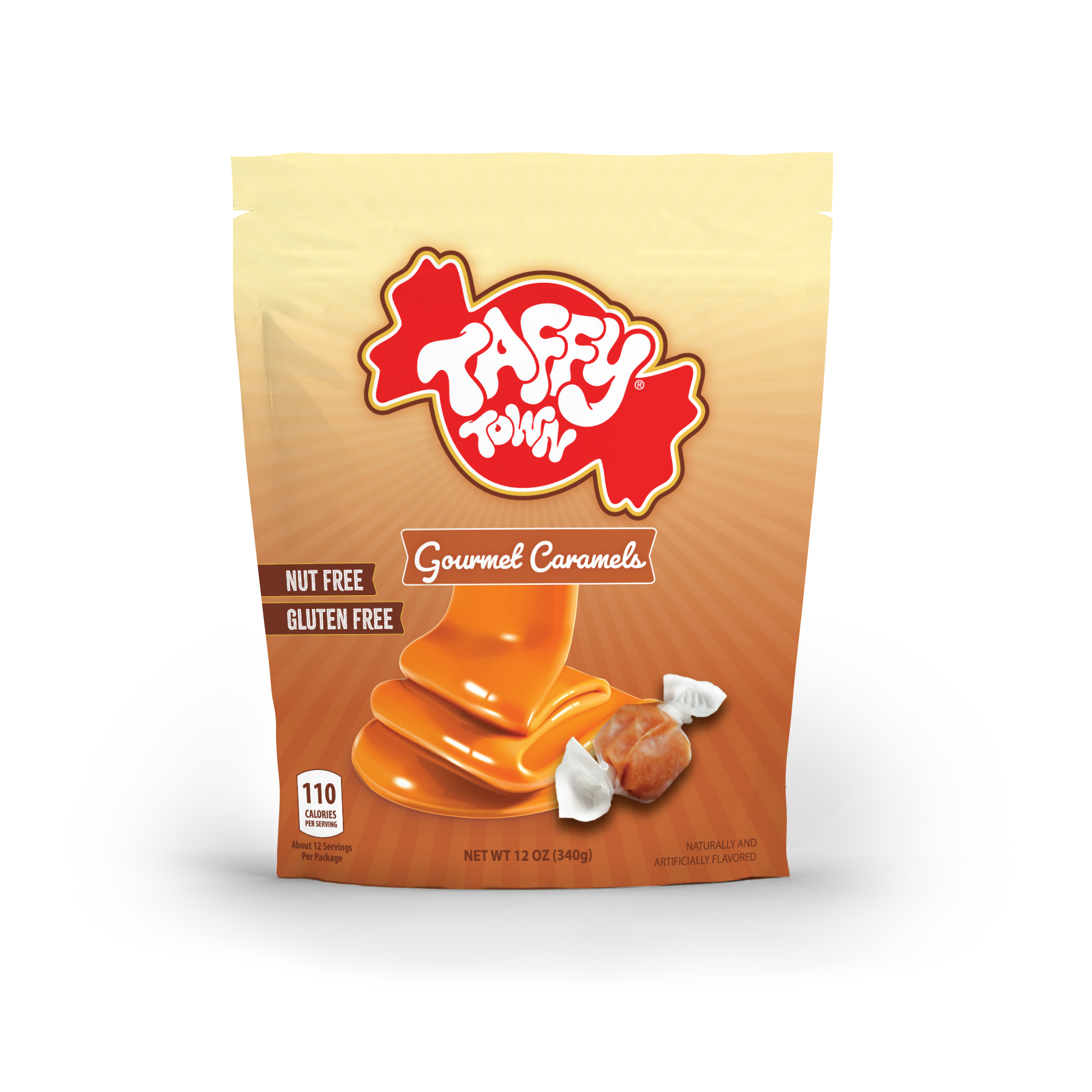 Taffy Town Gourmet Caramels 12oz – Nut-free, gluten-free soft caramel taffy in a resealable bag.