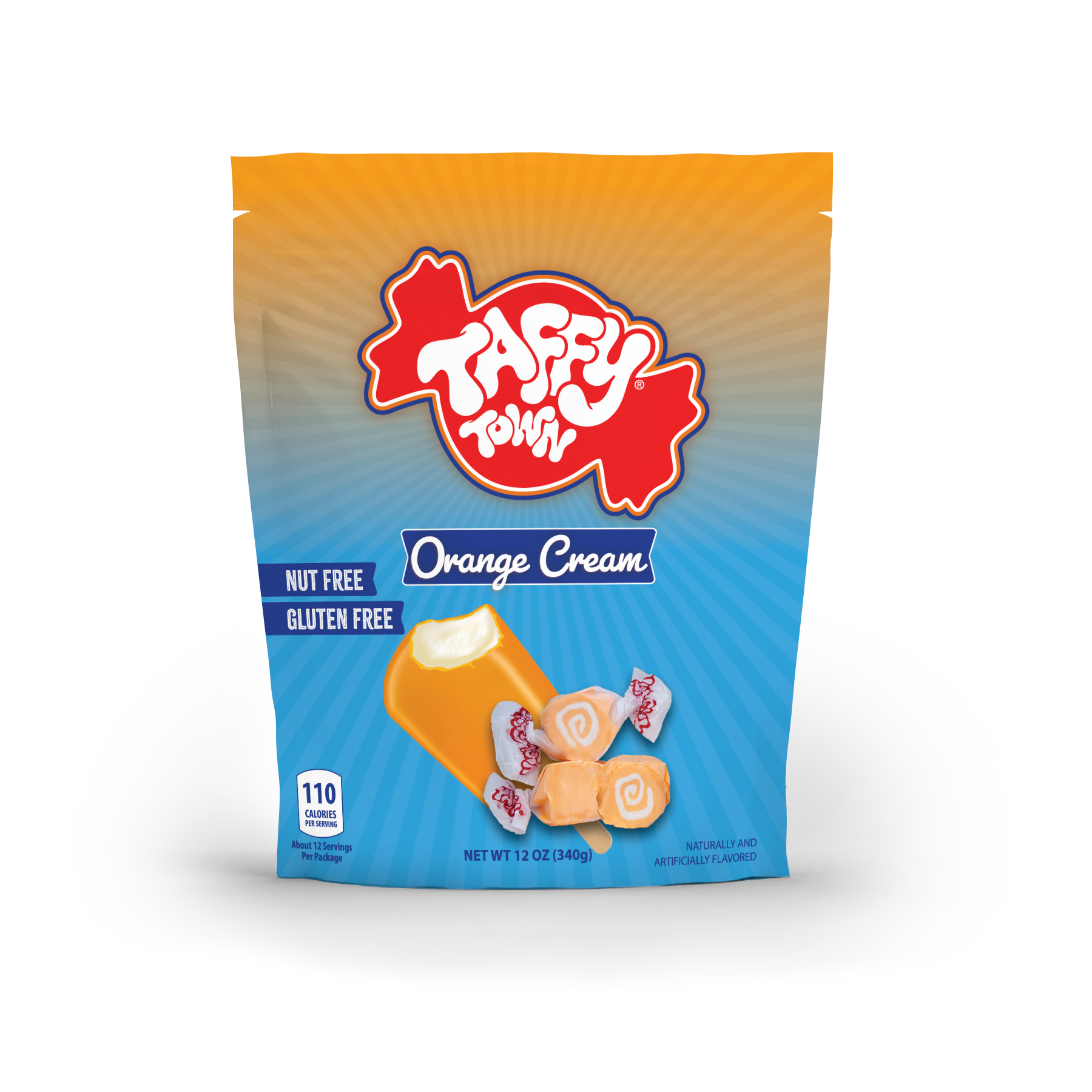 Taffy Town Orange Cream Taffy 12oz – Nut-free, gluten-free taffy with creamy orange flavor in a resealable bag.