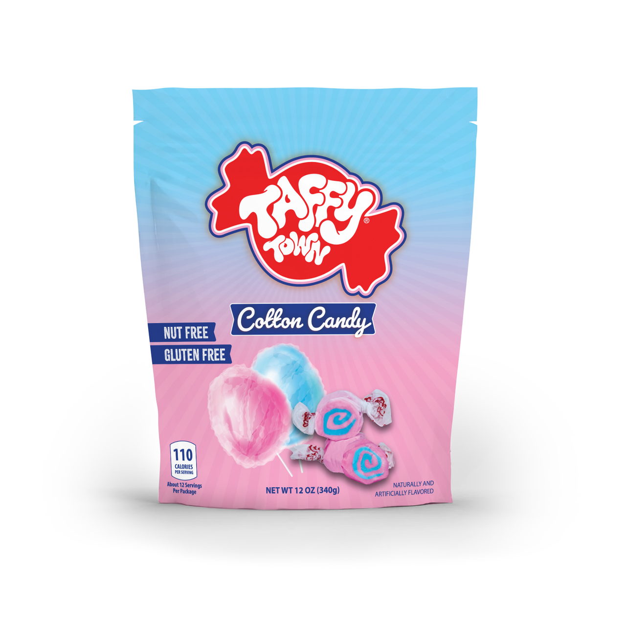 Taffy Town Cotton Candy Taffy 12oz – Nut-free, gluten-free salt water taffy with pink & blue swirls in a resealable bag.