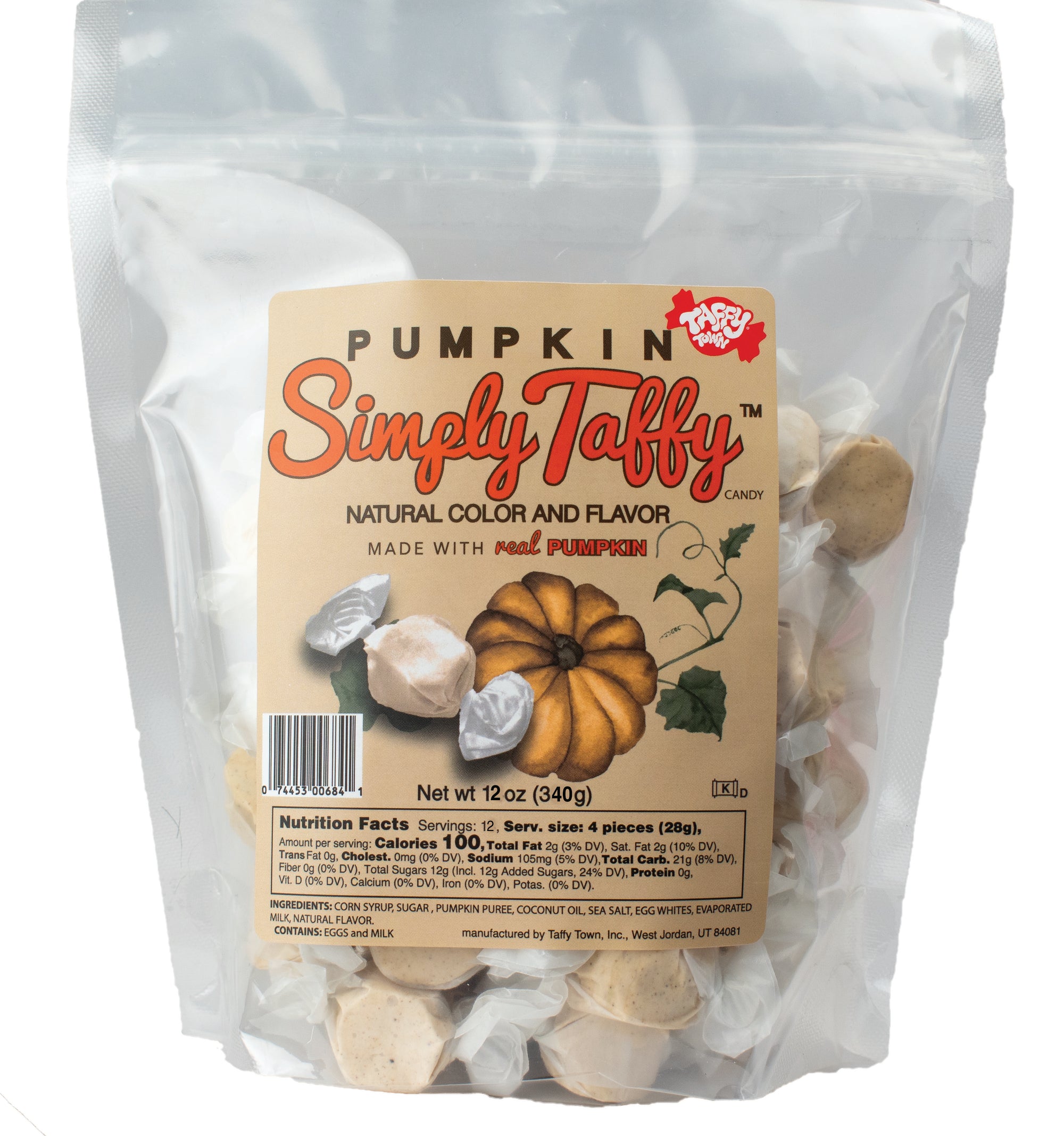 Taffy Town Simply Pumpkin Taffy 12oz – All-natural pumpkin taffy made with real pumpkin in a resealable bag.