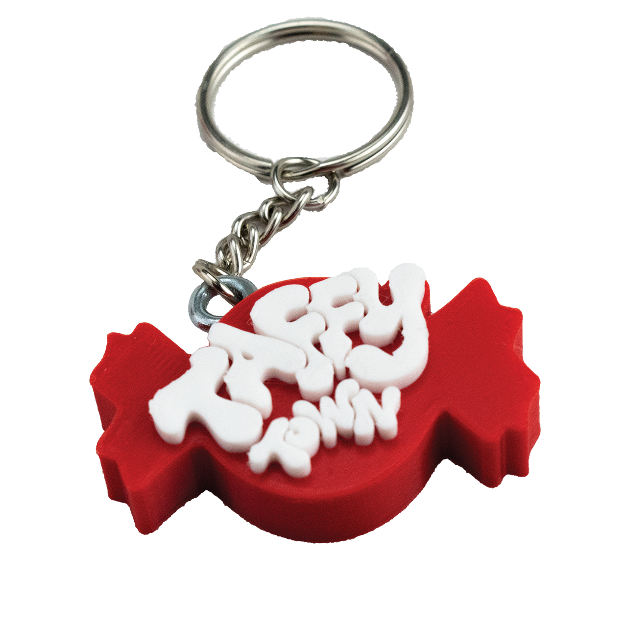 Red Taffy Town logo keychain in the shape of a wrapped salt water taffy candy, a fun accessory for fans of Taffy Town.
