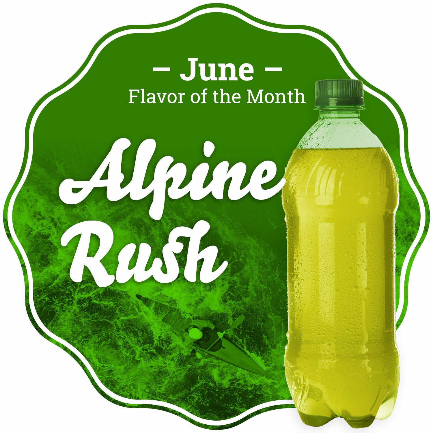 Taffy Town June Flavor of the Month - Alpine Rush Salt Water Taffy featuring a bold green background with whitewater rapids and a kayaker, alongside a refreshing green beverage bottle.