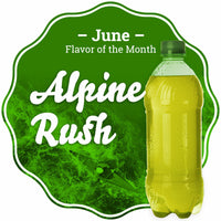 Taffy Town June Flavor of the Month - Alpine Rush Salt Water Taffy featuring a bold green background with whitewater rapids and a kayaker, alongside a refreshing green beverage bottle.