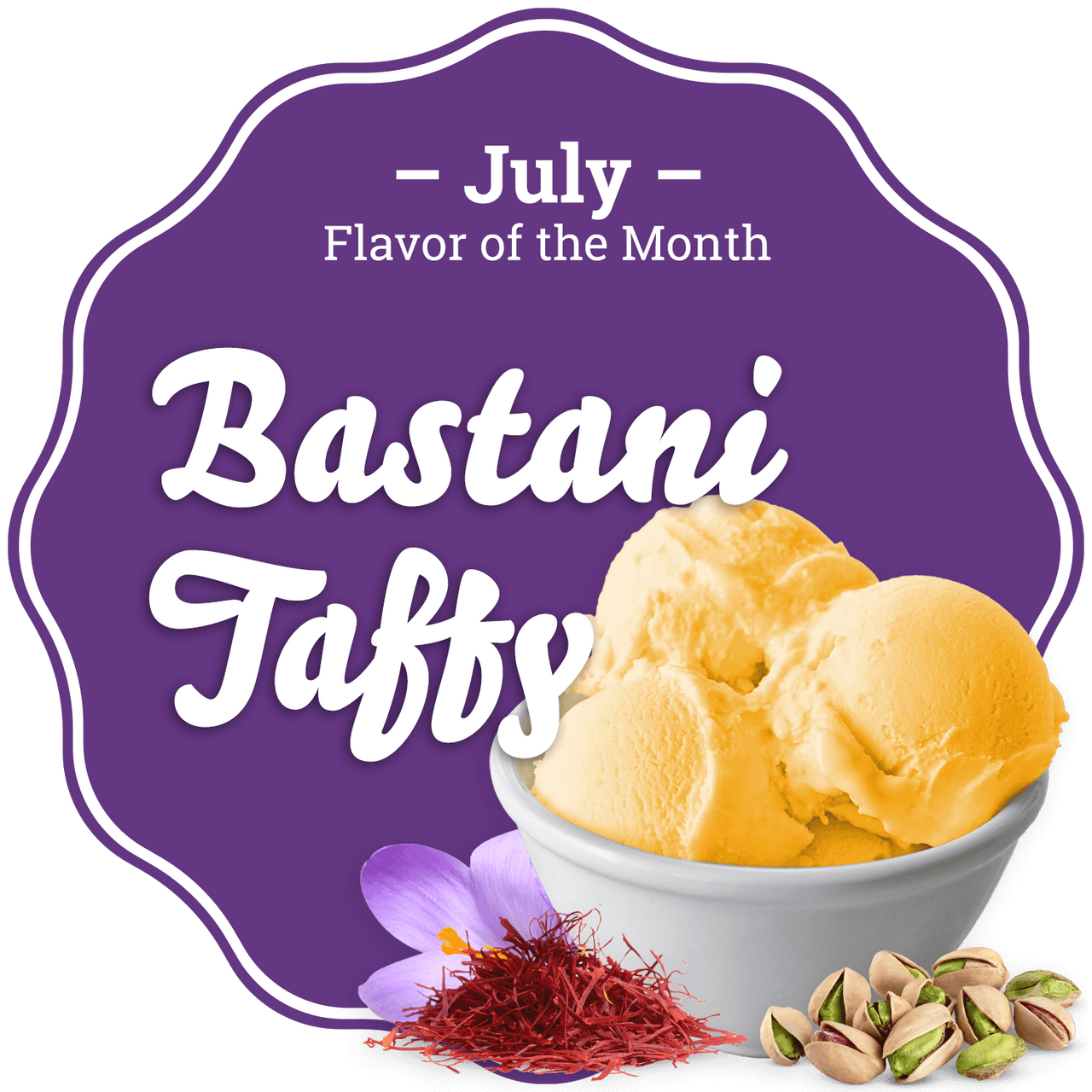 Taffy Town July Flavor of the Month - Bastani Taffy Salt Water Taffy featuring a purple background with a bowl of saffron ice cream, saffron threads, a saffron flower, and pistachios