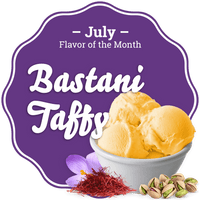 Taffy Town July Flavor of the Month - Bastani Taffy Salt Water Taffy featuring a purple background with a bowl of saffron ice cream, saffron threads, a saffron flower, and pistachios