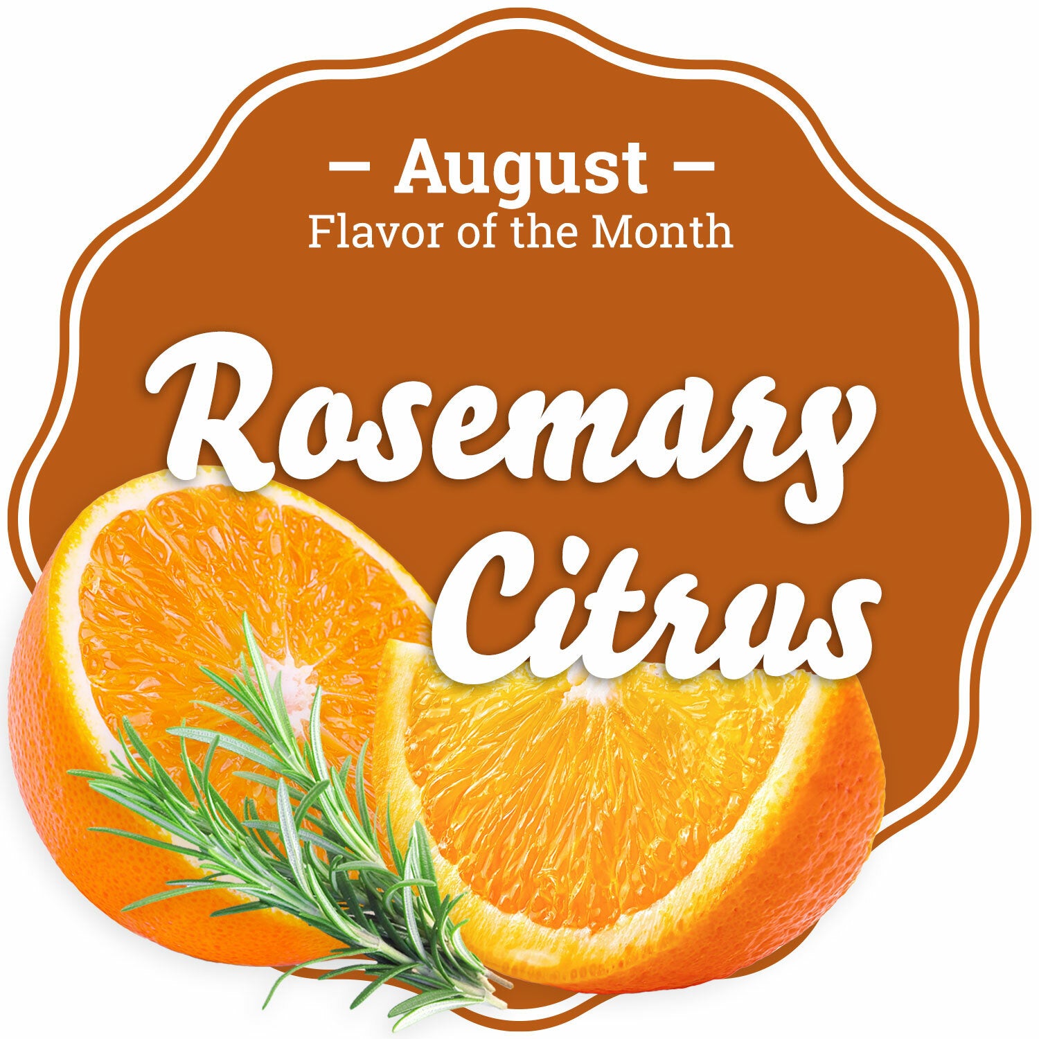 Taffy Town August Flavor of the Month - Rosemary Citrus Salt Water Taffy featuring a brown background with fresh orange slices and rosemary sprigs.