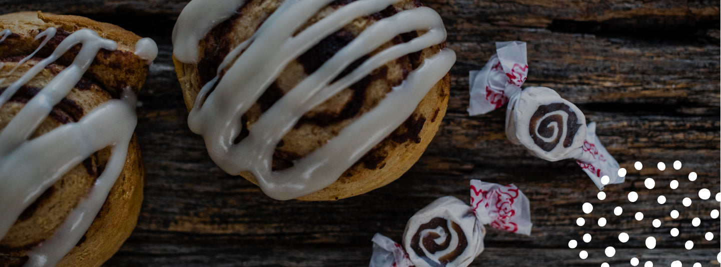 Iced cinnamon rolls with pieces of salt water taffy candy | Taffy Town
