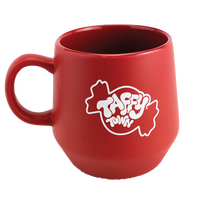 Red Taffy Town logo mug is a fun accessory for fans of Taffy Town salt water taffy candy - Front view