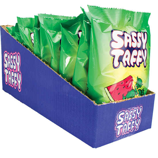 Sassy Taffy Sour Watermelon 4.5 oz Bag Case | Sassy Sour Watermelon Salt Water Taffy Flavors | Taffy Town