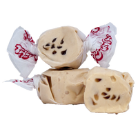 Taffy Town’s Chocolate Chip Cookie taffy candy, featuring creamy beige salt water taffy with real chocolate bits—soft, chewy, and packed with nostalgic flavor.