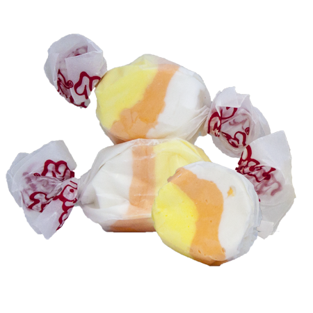 Taffy Town candy corn salt water taffy candy with layered yellow, orange, and white whipped taffy swirls