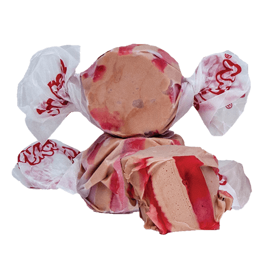 Taffy Town cherry cola salt water taffy candy with fizzy cola flavor and bold cherry red swirl in soft taffy