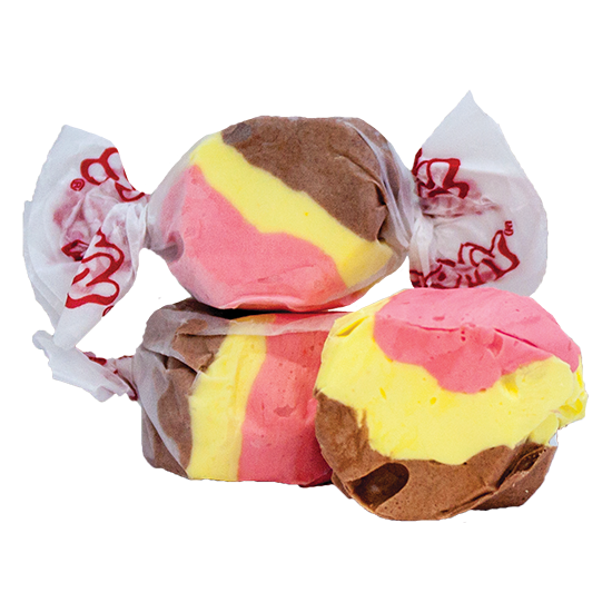 Taffy Town banana split salt water taffy candy with chocolate, banana, and strawberry whipped layers
