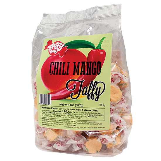 chili mango taffy - 14 oz bag | chili mango salt water taffy flavor | Taffy Town