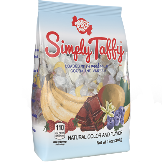 Simply Taffy Mix – 12 oz bag of natural saltwater taffy made with real fruit, cocoa, and vanilla flavors.