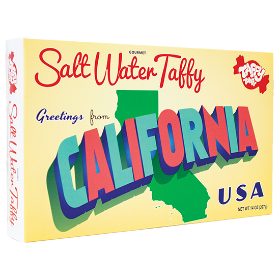 California Taffy Gift Box with 12 oz. of assorted Salt Water Taffy in a colorful West Coast souvenir design